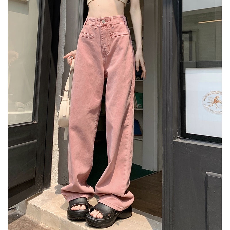 Quần Jean Dài Lưng Cao Ống Rộng Màu Hồng Thời Trang Xuân Thu Phong Cách Hàn Quốc Mới Cho Nữ