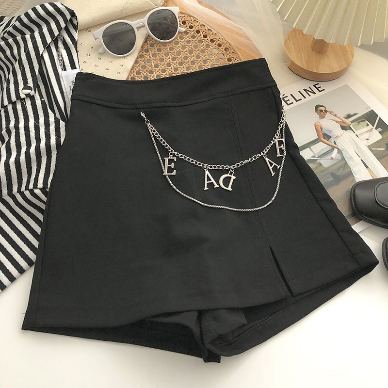 Quần Short Lưng Cao Ống Rộng Phối Dây Xích In Chữ Phong Cách Hàn Quốc Thời Trang Cho Nữ