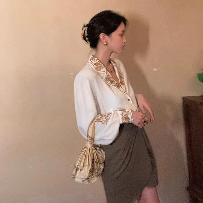 Áo Sơ Mi Tay Phồng Thêu Họa Tiết Phong Cách Hong Kong Thời Trang Mùa Thu 2023 6.9