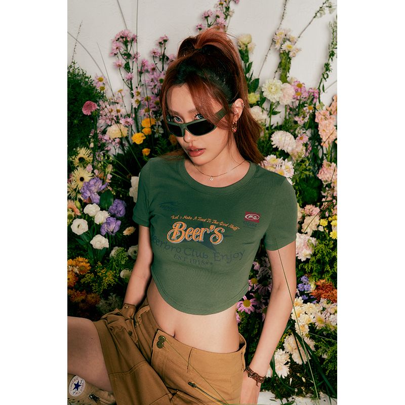 Áo Thun Tay Ngắn Viền Cong In Họa Tiết Phong Cách Retro Mỹ Thời Trang Cho Nữ