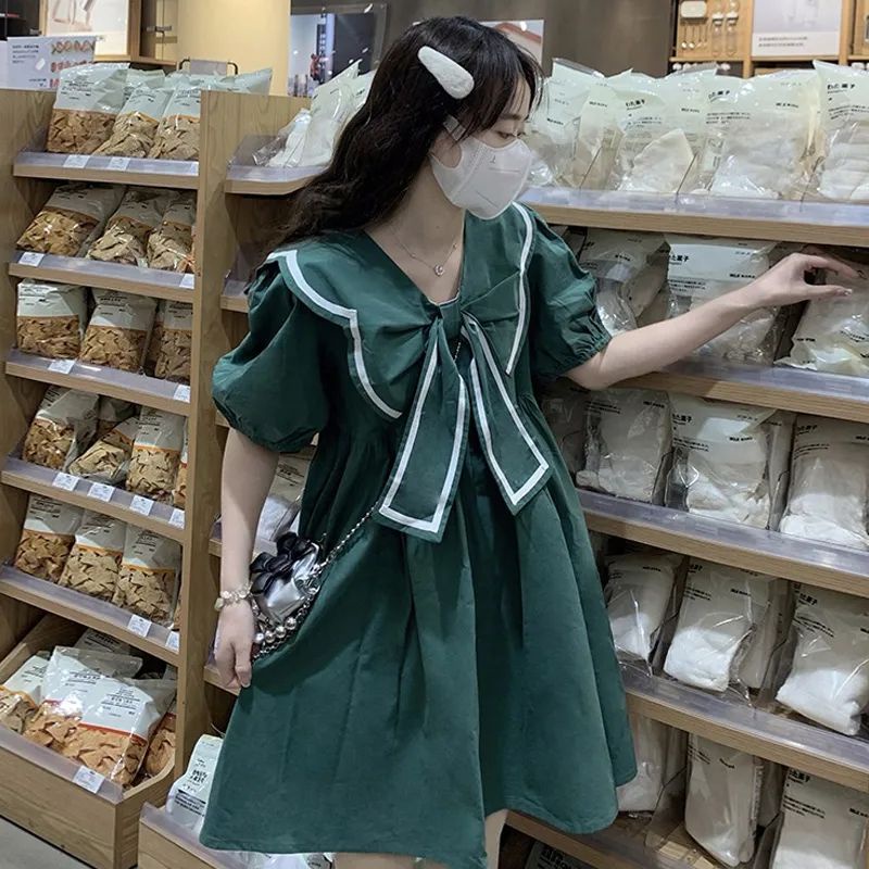 Đầm Chữ a Cổ Thủy Thủ Thắt Nơ Eo Nhỏ Nhắn Dễ Thương Ngọt Ngào Thời Trang Mùa Hè Dành Cho Nữ Sinh