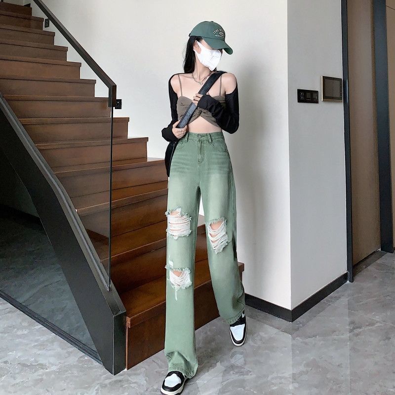 Quần Jean Ống Rộng Rách Lưng Cao Phong Cách Đường Phố Mỹ Mùa Hè Mới Cho Nữ