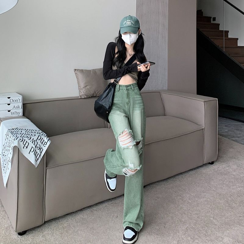 Quần Jean Ống Rộng Rách Lưng Cao Phong Cách Đường Phố Mỹ Mùa Hè Mới Cho Nữ