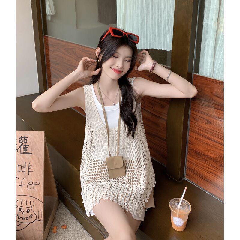 Set Áo Dây Dệt Kim Và Áo Khoác Sát Nách Thời Trang Dành Cho Nữ