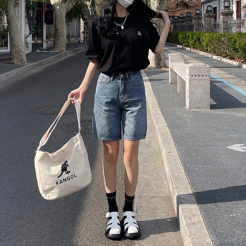 Phong Cách Mới ~ Quần Short Denim Mỏng Năm Điểm Eo Cao Dáng Suông Rộng Phong Cách Retro Mùa Hè Cho Nữ @ -