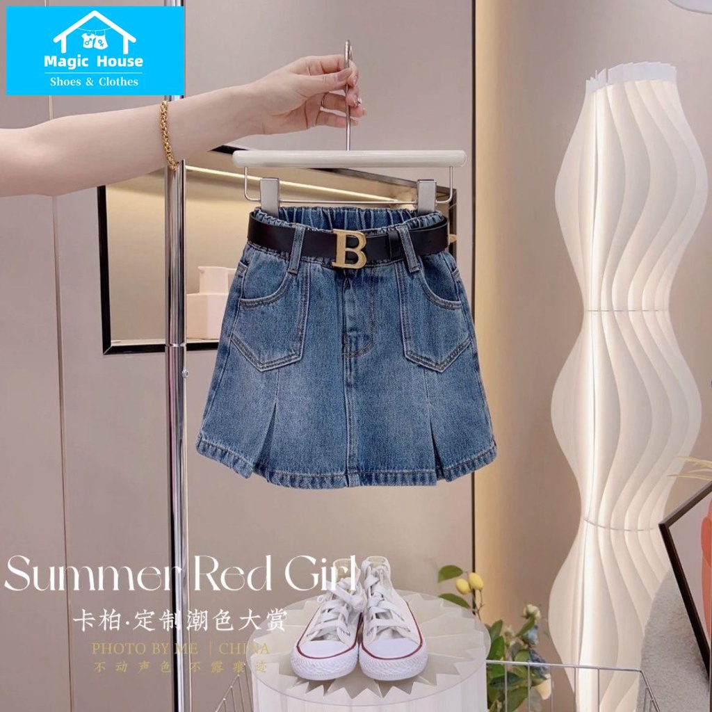 Set Áo Thun Ngắn Tay In Chữ + Chân Váy Denim Ngắn Thời Trang Hè Hàn Quốc Mới 2023 Cho Bé Gái