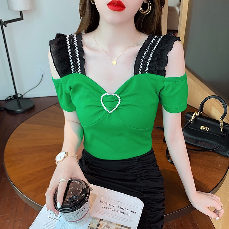 Bán Chạy ~ Áo Kiểu Tay Ngắn Hở Vai Dáng Ôm Phối Ren Đính Kim Cương Phong Cách Châu Âu Mới Dành Cho Bạn Nữ