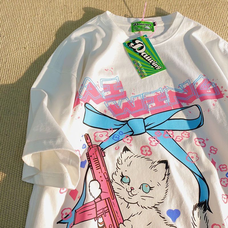 Áo Thun 100% Cotton Tay Ngắn Dáng Rộng In Họa Tiết Hoạt Hình Nhật Bản Thời Trang Mùa Hè Cho Nam Và Nữ