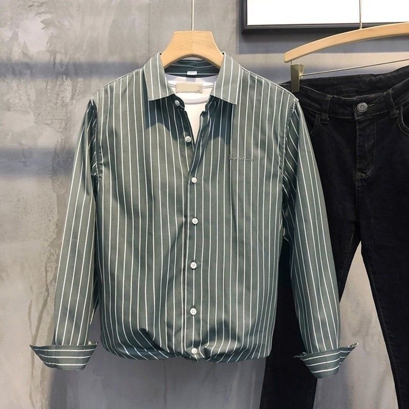 Áo Sơ Mi Tay Dài Dáng Ôm Thêu Họa Tiết Kẻ Sọc 20% Size Lớn Thời Trang Đường Phố Cho Nam