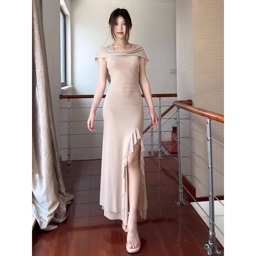 Mẫu Mới Nhất Đầm Lưới Dài Có Mũ Xẻ Tà Nhẹ Trong Suốt Phong Cách Mystery Doomsday Dune Wasteland Quyến Rũ Cho Nữ