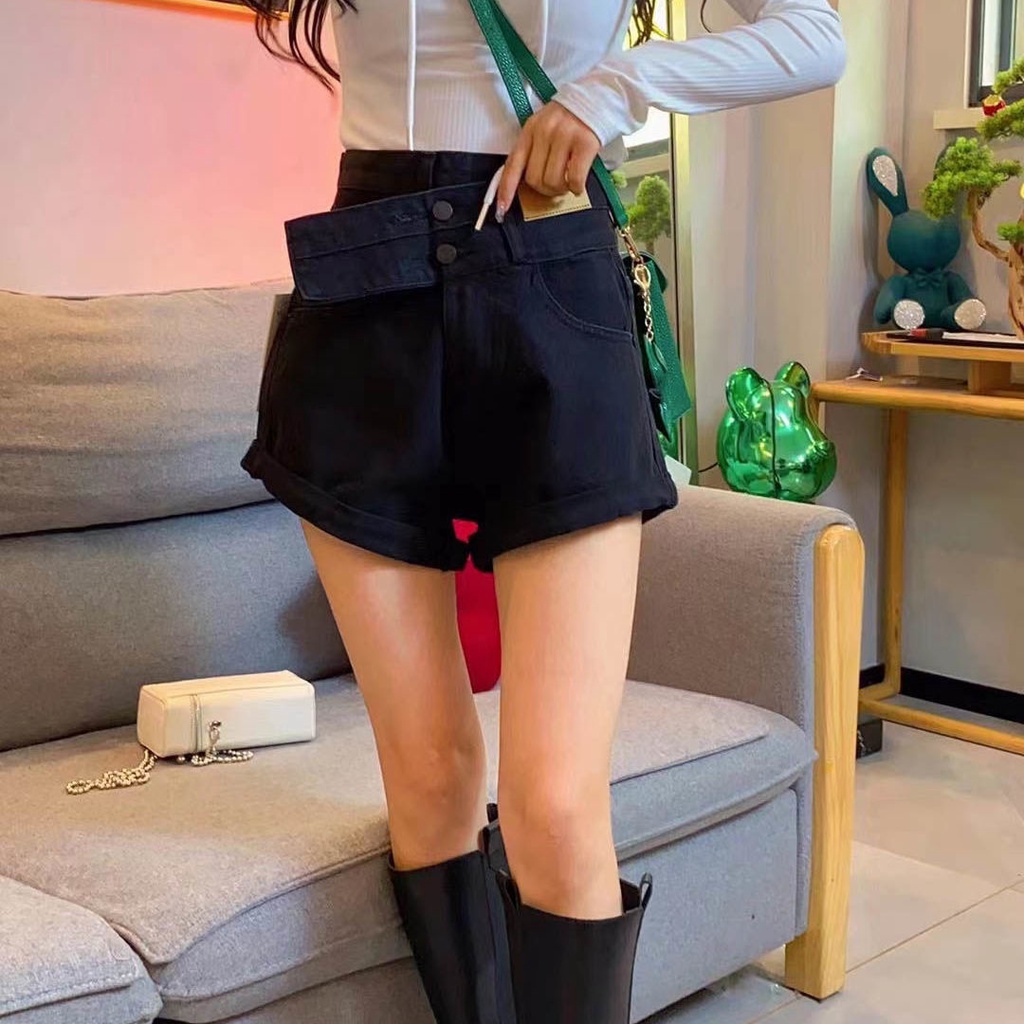 Quần Short Denim Lưng Cao Ống Rộng Phong Cách Hàn Quốc Mới Cho Nữ