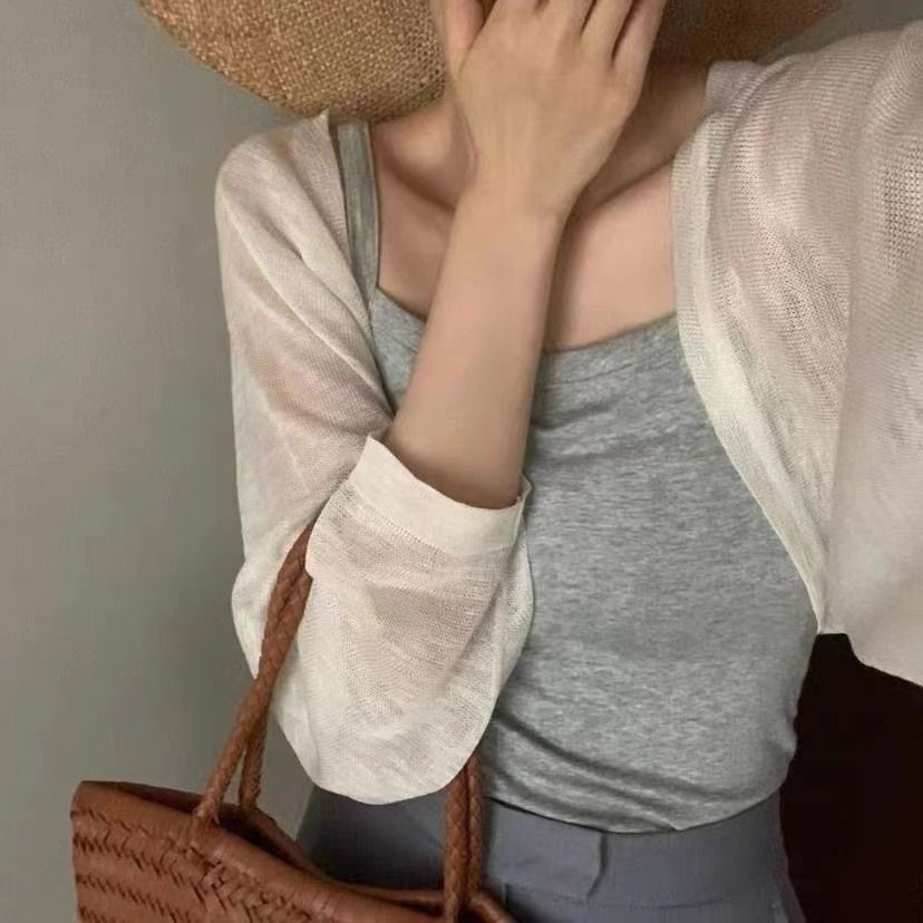 Áo Khoác Cardigan Dệt Kim Mỏng Chống Nắng Kèm Đầm Hai Dây Thời Trang Mùa Hè Cho Nữ