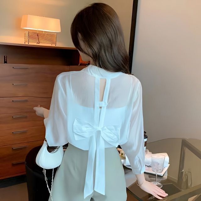 Áo Sơ Mi Mỏng Dáng Rộng Màu Trơn Đính Nơ Phong Cách Phương Tây Mới Cho Nữ