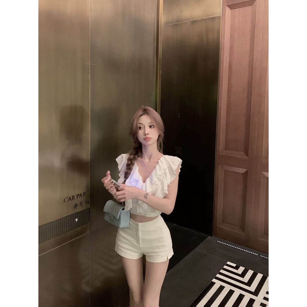 Áo Sơ Mi Ngắn Tay Phối Ren + Quần Short Lưng Cao Thời Trang Mùa Hè Hàng Mới