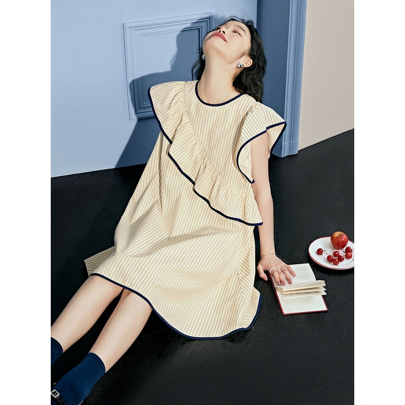 Đầm Ngắn Không Tay Viền Bèo Họa Tiết Kẻ Sọc Thời Trang Mùa Hè Phong Cách Mới Cho Nữ