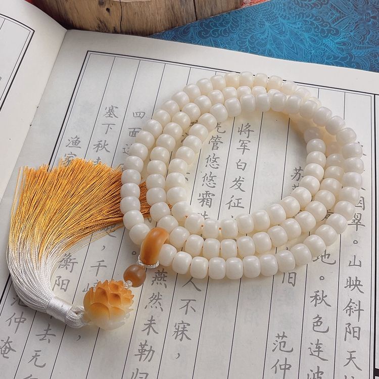 Chuỗi 108 Hạt Đá Ngọc Bích Trắng Tự Nhiên 108 Hạt Phong Cách Phật Giáo Làm Vòng Đeo Tay / Dây Chuyền / Nhẫn Đốt Than / Hoa Sen Màu Trắng Thuần Khiết Tự Nhiên 8