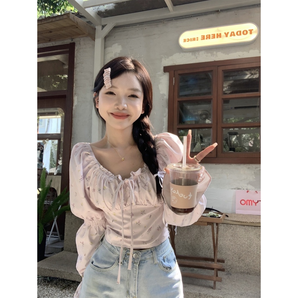 Jiashucheng Áo Sơ Mi Ngắn Tay Dài Thắt Dây Nhấn Eo Mỏng Mùa Xuân Họa Tiết Hoa Phong Cách Pháp Độc Đáo Cho Nữ