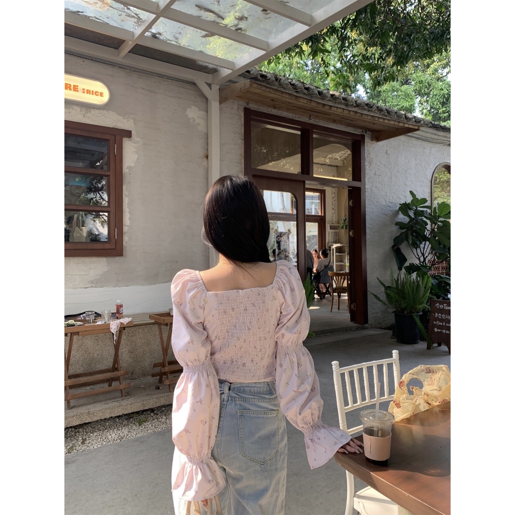 Jiashucheng Áo Sơ Mi Ngắn Tay Dài Thắt Dây Nhấn Eo Mỏng Mùa Xuân Họa Tiết Hoa Phong Cách Pháp Độc Đáo Cho Nữ