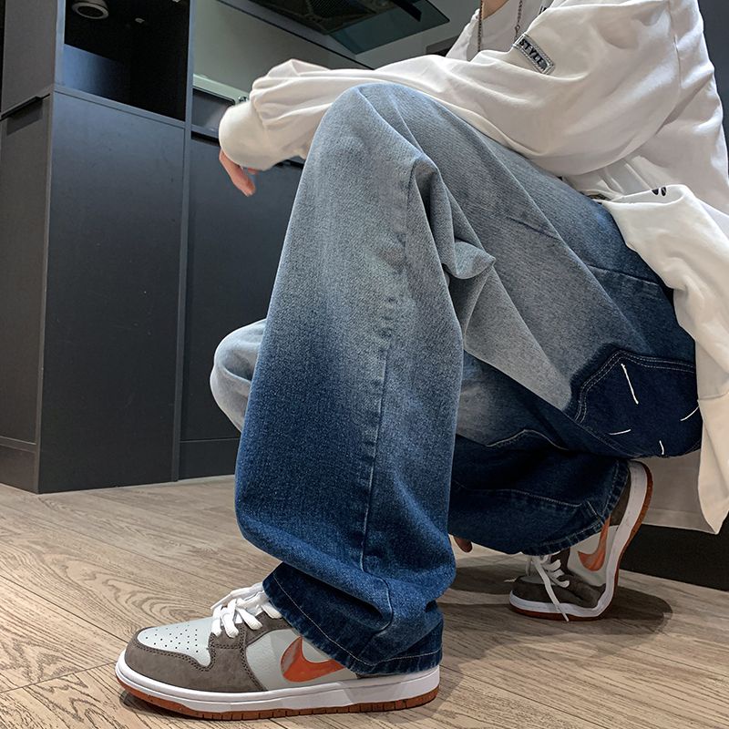 Quần Jean Nhuộm Đen Ống Rộng Phong Cách Retro Mỹ Cá Tính Cho Nam