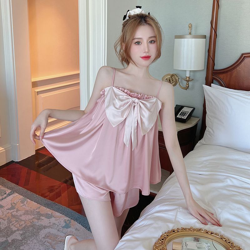 Bộ Đồ Ngủ Áo Hai Dây + Quần Short Vải Lụa Mát Đính Nơ Thời Trang Mùa Hè Cho Học Sinh