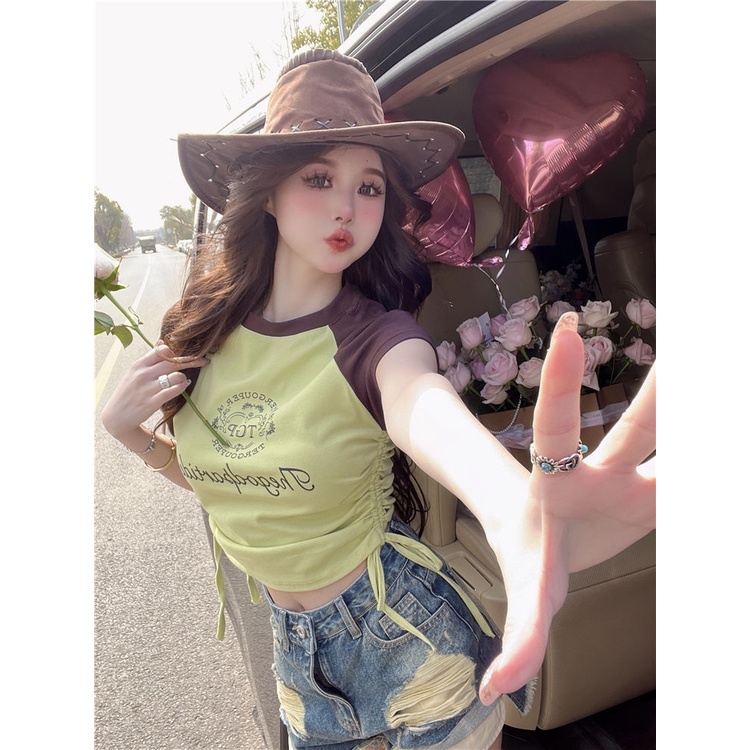 COZOK Áo Thun Ngắn Tay Ôm Dáng Phối Dây Rút Thời Trang