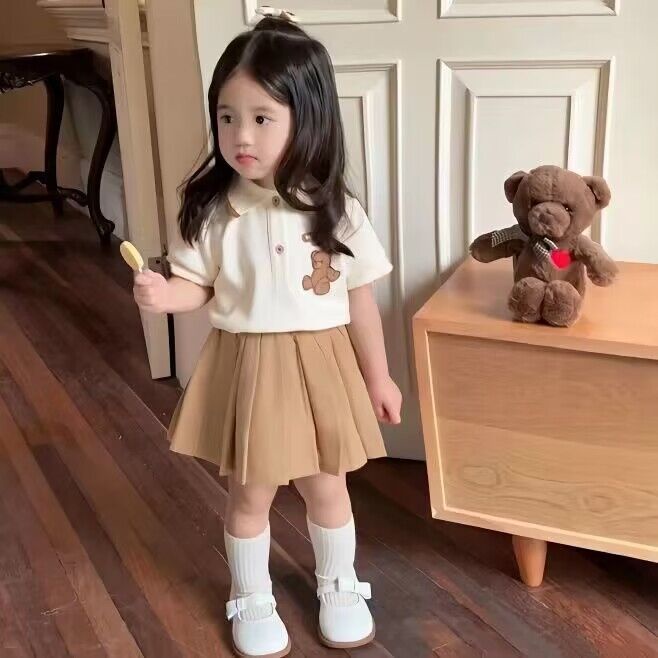Set Áo Thun Ngắn Tay + Chân Váy Xếp Ly Thời Trang Cho Bé Gái