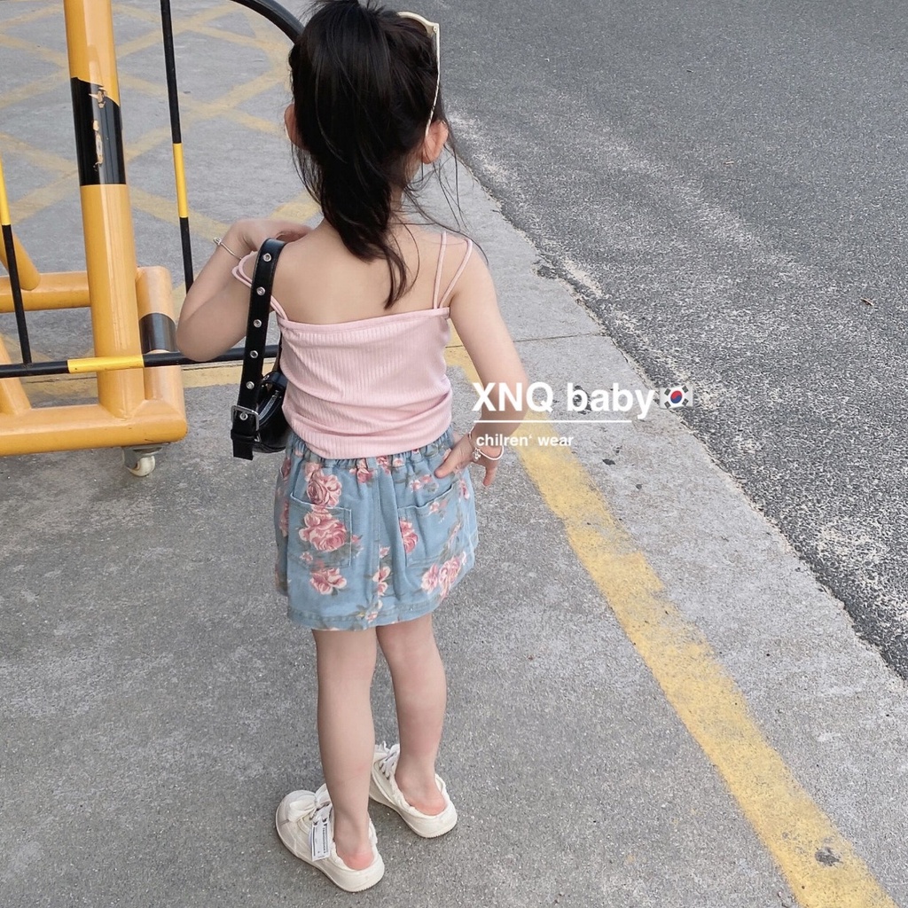 Aiyaya đồ bộ cho bé gái Vest hồng + Chân váy denim họa tiết hoa hồng bộ 2 mảnh thời trang mùa hè 2-8 tuổi