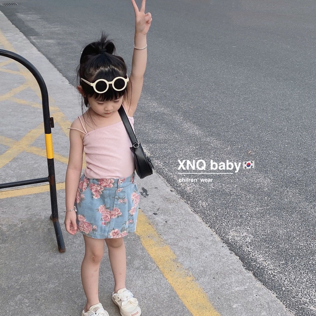 Aiyaya đồ bộ cho bé gái Vest hồng + Chân váy denim họa tiết hoa hồng bộ 2 mảnh thời trang mùa hè 2-8 tuổi