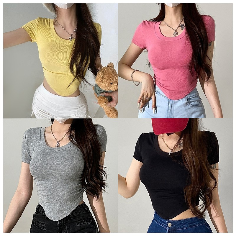 Áo Thun Croptop Ngắn Tay Cổ Chữ U Dáng Ôm Phong Cách Âu Mỹ 12 Màu Tùy Chọn Cho Nữ