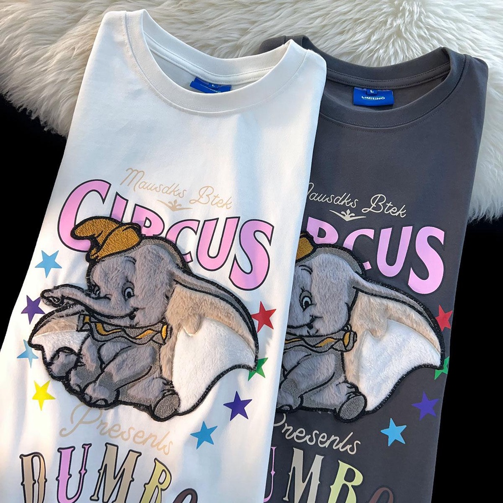 Áo Thun 100% Cotton Tay Ngắn Dáng Rộng Thêu Họa Tiết Voi Dumbo Dễ Thương Cho Cặp Đôi