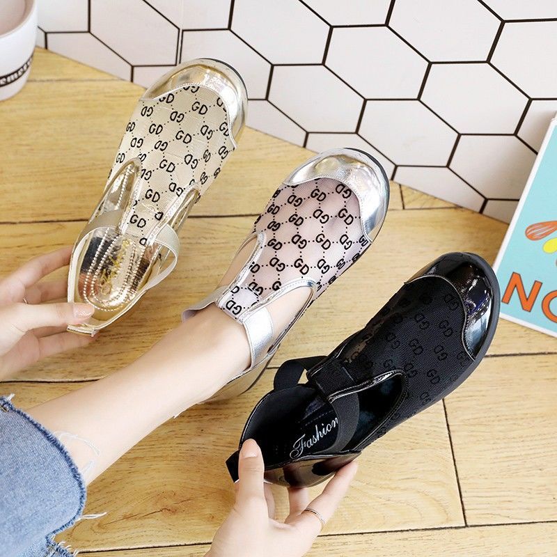 sandal đế bánh mì sandal nữ big size sandal đế bệt giày sandal nữ đi họcGiày Mũi Tròn Đế Bằng Phối Lưới In Họa Tiết Organza Phong Cách Châu Âu Cho Nữ【230323】
