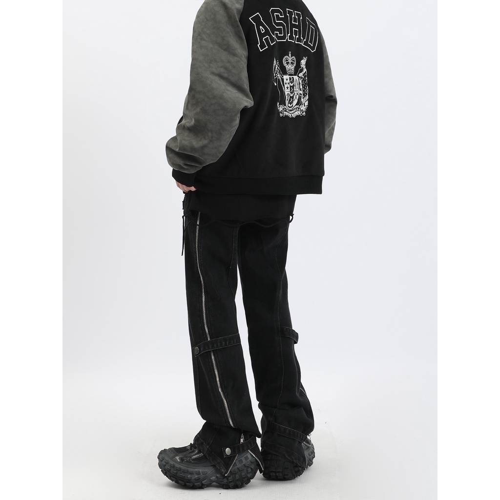 Quần Jean MaxDstr Dáng Thẳng Dài Ống Loe Phối Khóa Kéo Bên Hông Phong Cách Hip Hop Đường Phố Cho Nam