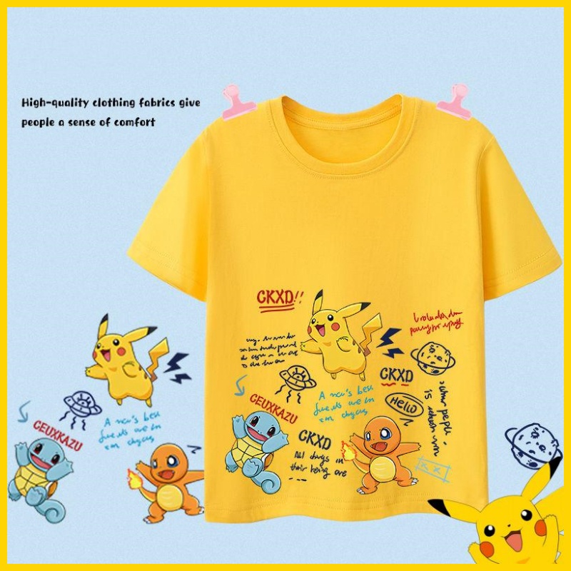 Pokemon kids T-shirt Pikachu Clothes Children's Short Sleeve Cotton Summer Boys and Girls CartoonT-shirt Medium Kids Top
