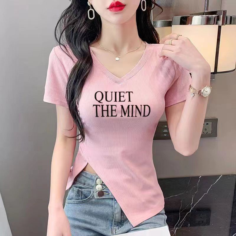 Áo Thun Ngắn Tay Cổ Chữ V Thiết Kế Không Đồng Đều Thời Trang Mùa Hè Mới 2023 Dành Cho Nữ
