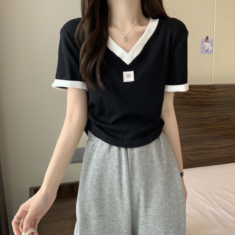 Áo Thun Ngắn Tay Cổ Chữ V Màu Sắc Tương Phản Thời Trang Mùa Hè Thoải Mái