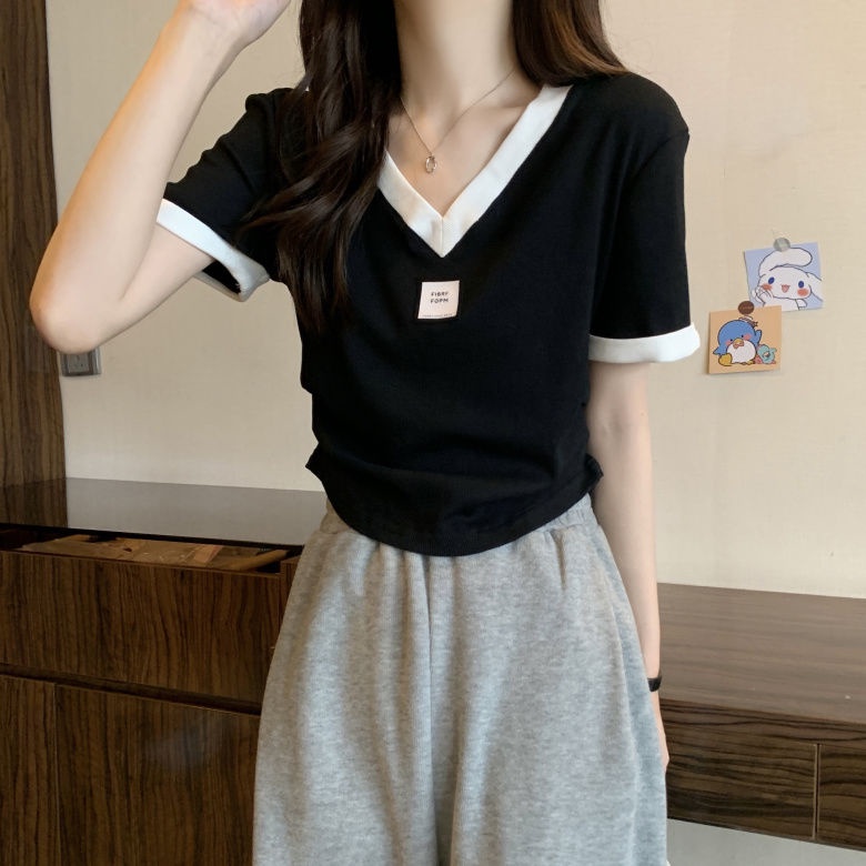 Áo Thun Ngắn Tay Cổ Chữ V Màu Sắc Tương Phản Thời Trang Mùa Hè Thoải Mái