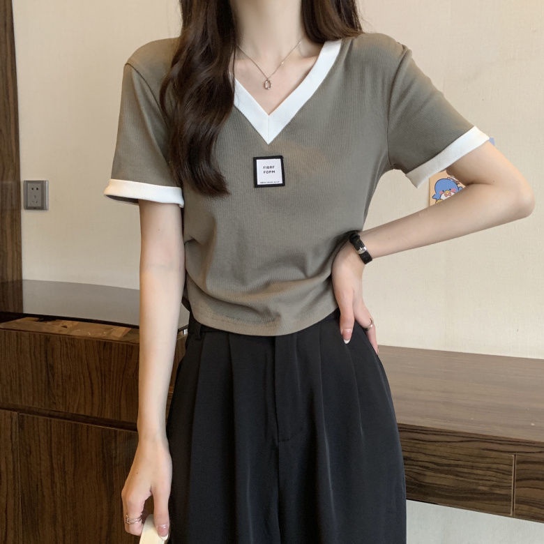 Áo Thun Ngắn Tay Cổ Chữ V Màu Sắc Tương Phản Thời Trang Mùa Hè Thoải Mái