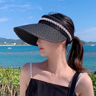 New empty-top sun hat beach face-covering sun-proof straw hat large hat brim fashionable Pearl sun hat