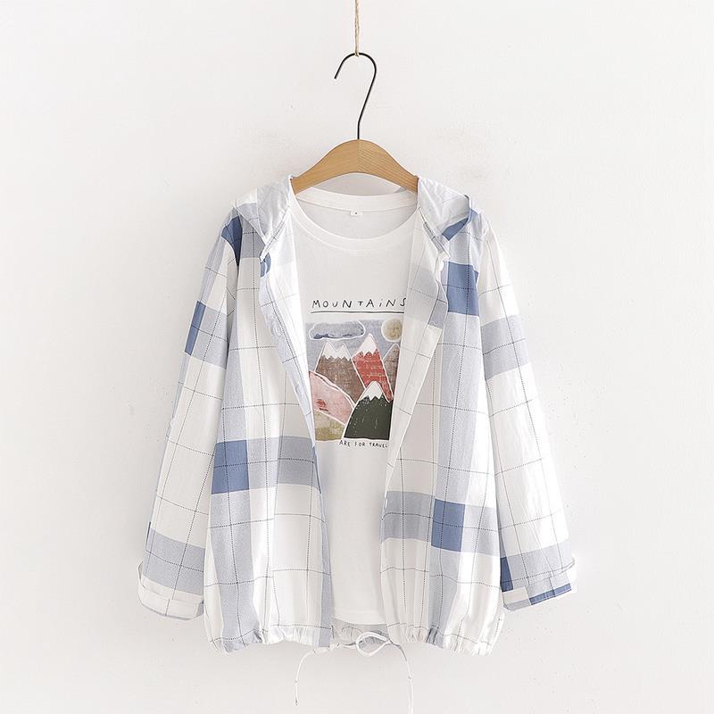 áo chống nắng áo khoác nắng ◄♠❇Áo Khoác cotton Lanh Sọc Ca Rô Có Nón Thời Trang Cho Nữ
