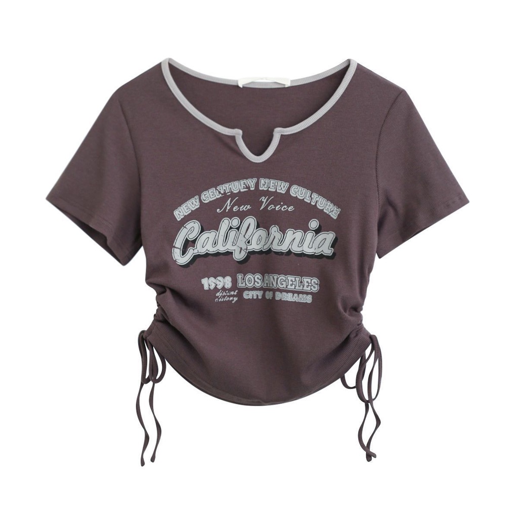 Áo Croptop Tay Ngắn Phối Dây Rút In Họa Tiết Phong Cách Retro Mỹ Thời Trang Mùa Hè Cho Nữ