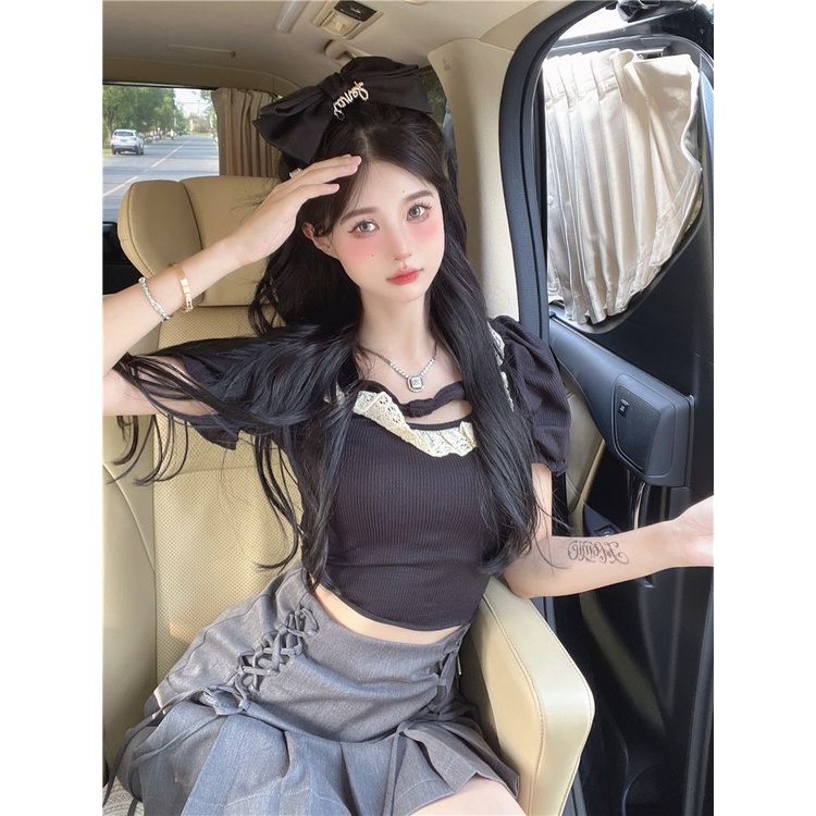 COZOK Áo Thun Tay Ngắn Cổ Vuông Phối Ren Thời Trang