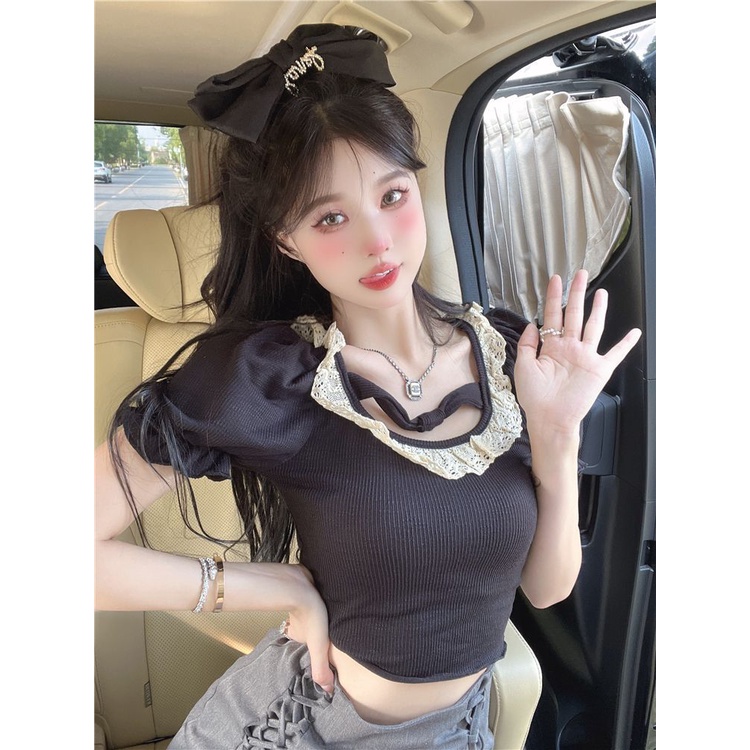 COZOK Áo Thun Tay Ngắn Cổ Vuông Phối Ren Thời Trang