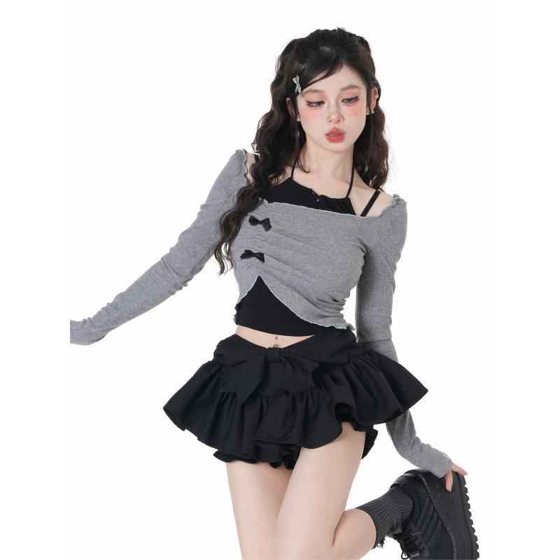 Áo Trễ Vai Tay Dài Phối Nơ Phong Cách Mới Dây đeo bất thường Mùa hè mới Bowknot Pantsuit Fake Two Piece One Piece Set