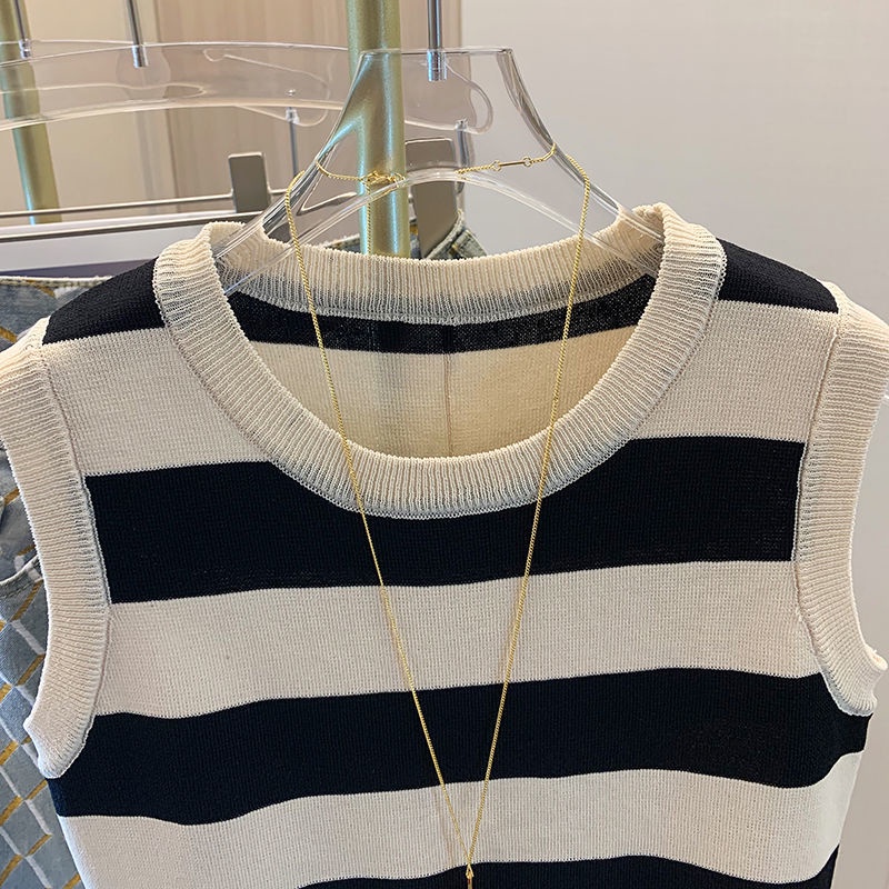 Áo Thun Dệt Kim Sát Nách Cổ Tròn Hoạ Tiết Kẻ Sọc Cho Phái Nữ