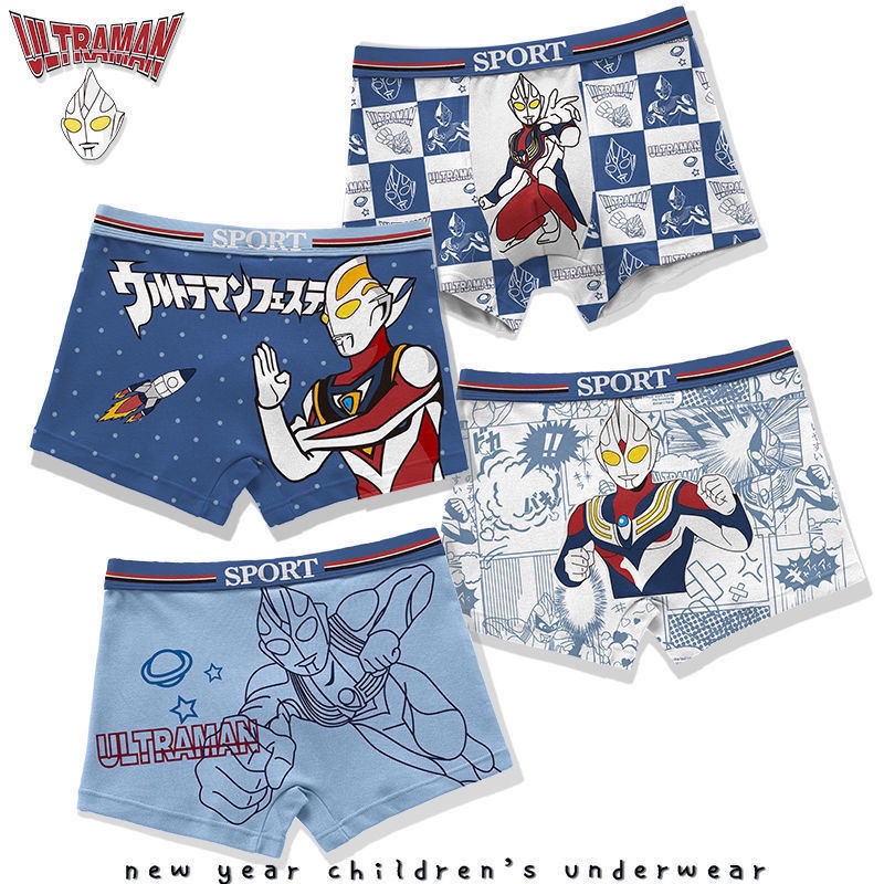Bộ 4 Quần Lót Boxer Vải Cotton In Hình Ultraman Superman Dễ Thương Cho Bé Trai Từ 6-12 Tuổi