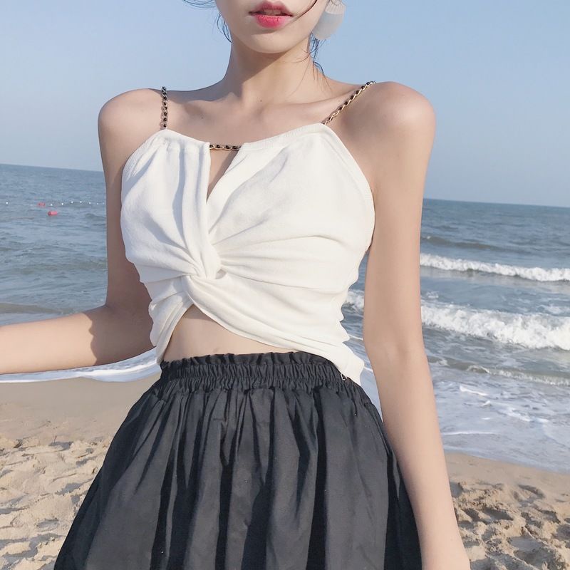 Áo Hai Dây Dáng Ngắn Xếp Ly Lưng Cao Thời Trang Xuân Hè Quyến Rũ Cho Nữ