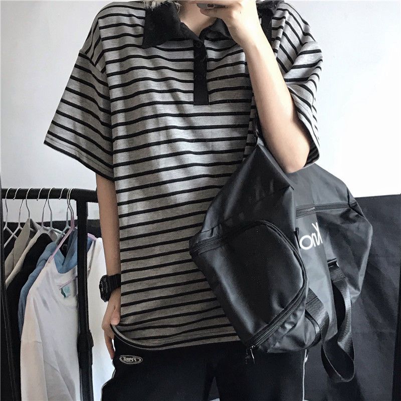 Áo polo Tay Ngắn Dáng Rộng Họa Tiết Kẻ Sọc Thời Trang Mùa Hè Phong Cách Hàn Quốc Mới Cho Nữ