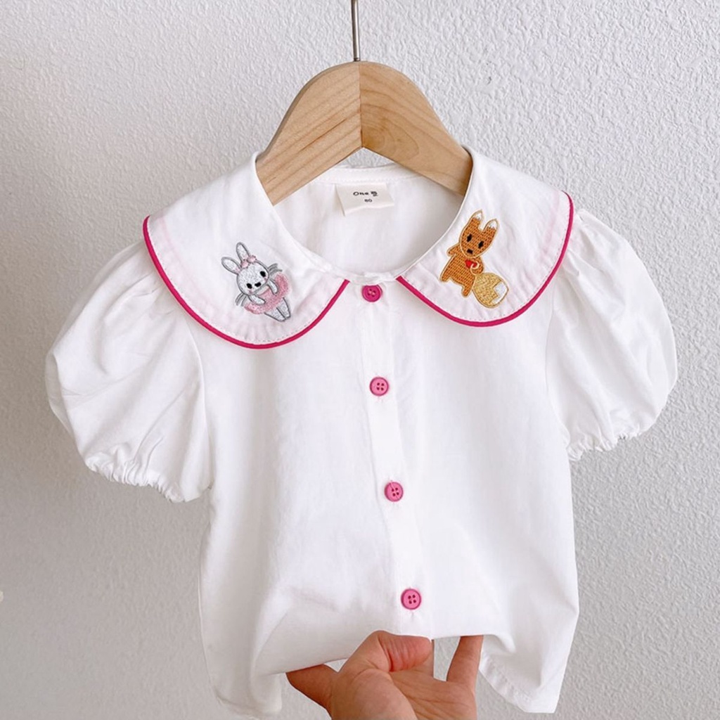 Áo Sơ Mi Cotton Tay Ngắn Cổ Búp Bê Thêu Họa Tiết Hoạt Hình Dễ Thương Phong Cách Hàn Quốc Cho Bé Gái