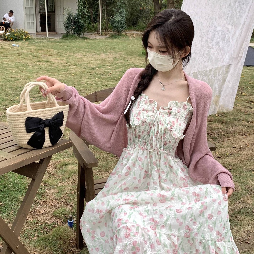 Set Đầm Hai Dây Họa Tiết Hoa Và Áo Khoác Cardigan Thời Trang Xuân Thu Cho Nữ