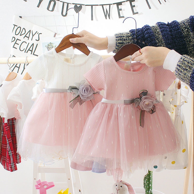Đầm Cotton Ngắn Tay Phối Ren Mẫu Mới 2023 Dành Cho Bé Gái 0-4 Tuổi